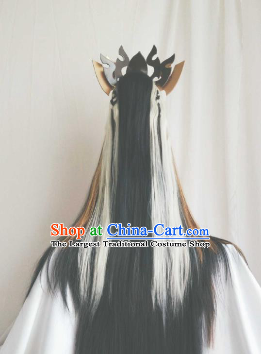 Handmade China Traditional Puppet Show Emperor Hairpieces Ancient Monarch Headdress Cosplay Swordsman King Golden Wigs and Hair Crown