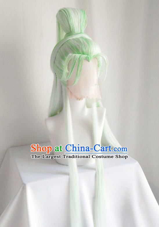 Handmade China Cosplay Swordsman Light Green Wigs Traditional Puppet Show Mo Cangli Hairpieces Ancient Taoist Headdress