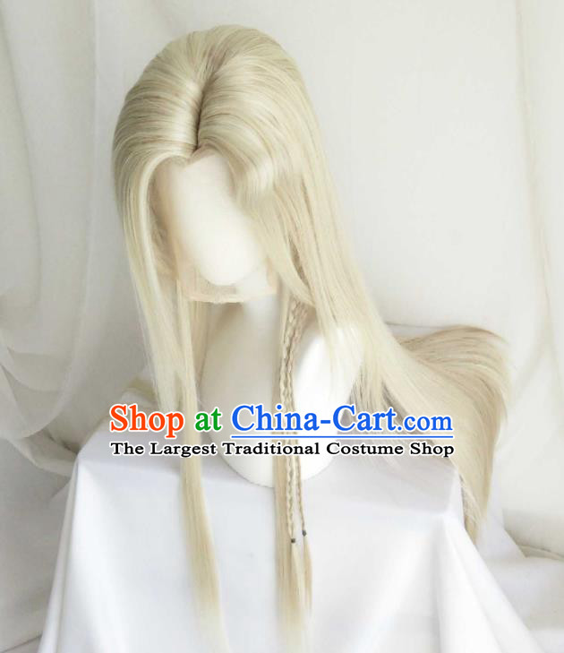 Handmade China Ancient Taoist Headdress Cosplay Swordsman Light Golden Wigs Traditional Puppet Show Childe Hairpieces