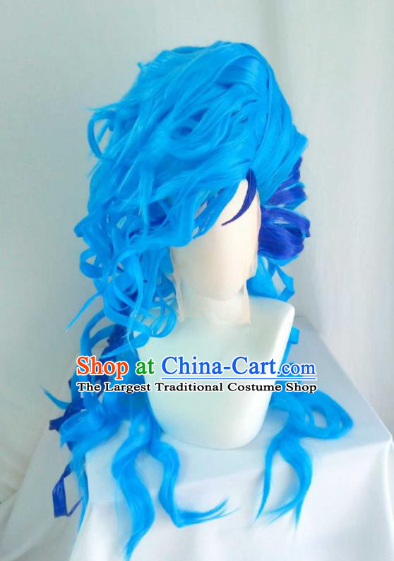 Handmade China Traditional Puppet Show Dragon Prince Hairpieces Ancient Childe Headdress Cosplay Swordsman Blue Curly Wigs