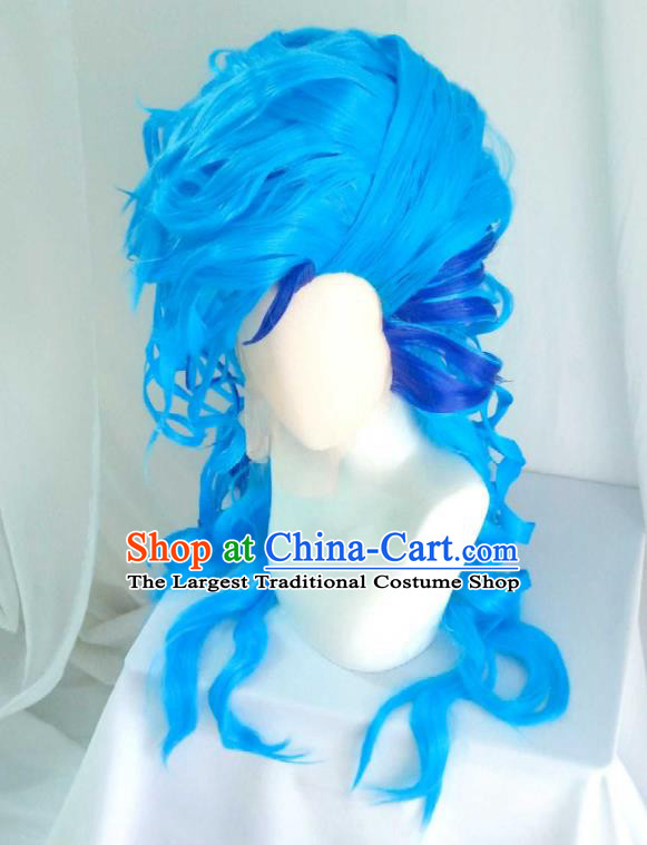 Handmade China Traditional Puppet Show Dragon Prince Hairpieces Ancient Childe Headdress Cosplay Swordsman Blue Curly Wigs