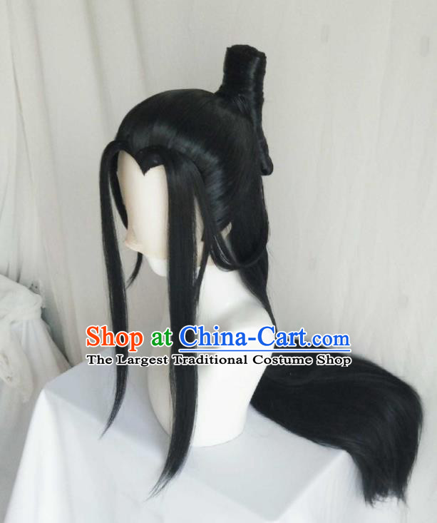 Handmade China Ancient Young Childe Headdress Cosplay Swordsman Black Wigs Traditional Puppet Show Scholar Hairpieces