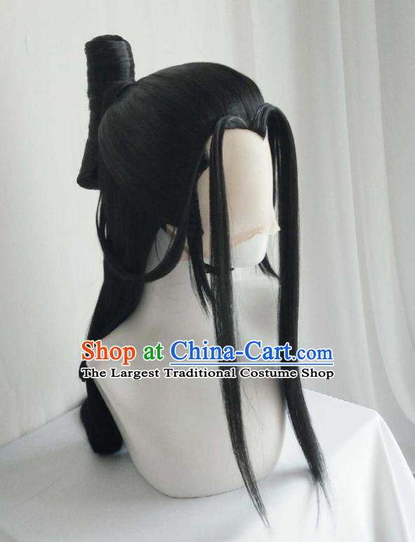 Handmade China Ancient Young Childe Headdress Cosplay Swordsman Black Wigs Traditional Puppet Show Scholar Hairpieces