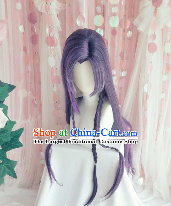 Handmade China Traditional Puppet Show Prince Hairpieces Ancient King Headdress Cosplay Swordsman Purple Wigs