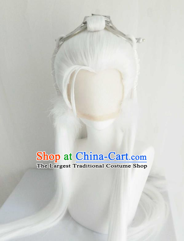 Handmade China Ancient Taoist Headdress Cosplay Swordsman White Wigs and Hair Crown Traditional Puppet Show Immortal Hairpieces