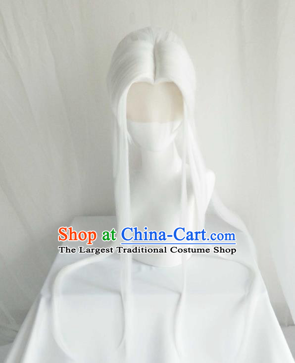 Handmade China Ancient Taoist Headdress Cosplay Swordsman White Wigs and Hair Crown Traditional Puppet Show Su Huanzhen Hairpieces