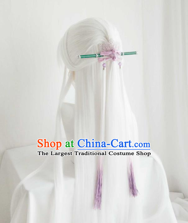 Handmade China Ancient Taoist Headdress Cosplay Swordsman White Wigs and Hair Crown Traditional Puppet Show Su Huanzhen Hairpieces