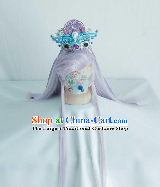 Handmade China Traditional Puppet Show Murong Ning Hairpieces Ancient Royal Prince Headdress Cosplay Noble Childe Violet Wigs and Hair Crown