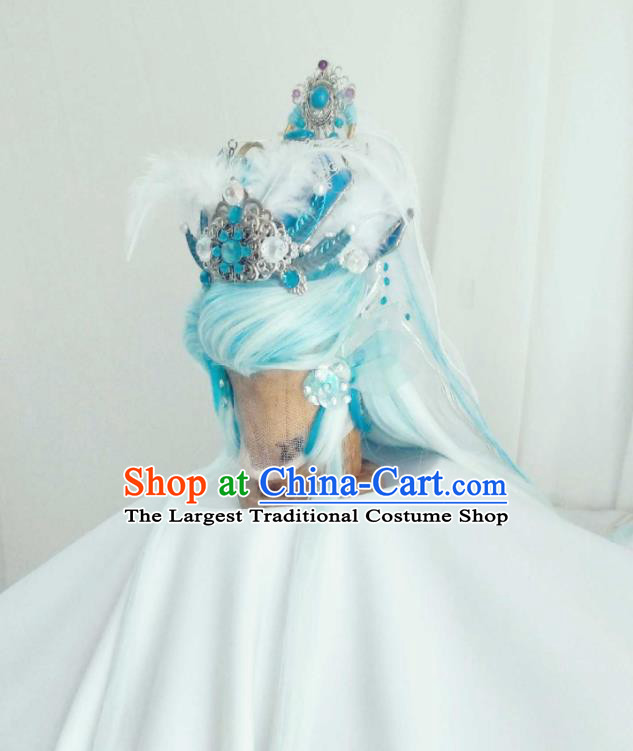 Handmade China Cosplay Taoist Priest Light Blue Wigs and Hair Crown Traditional Puppet Show Royal King Hairpieces Ancient Swordsman Headdress