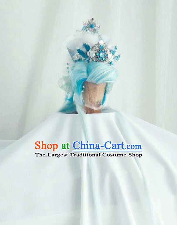 Handmade China Cosplay Taoist Priest Light Blue Wigs and Hair Crown Traditional Puppet Show Royal King Hairpieces Ancient Swordsman Headdress