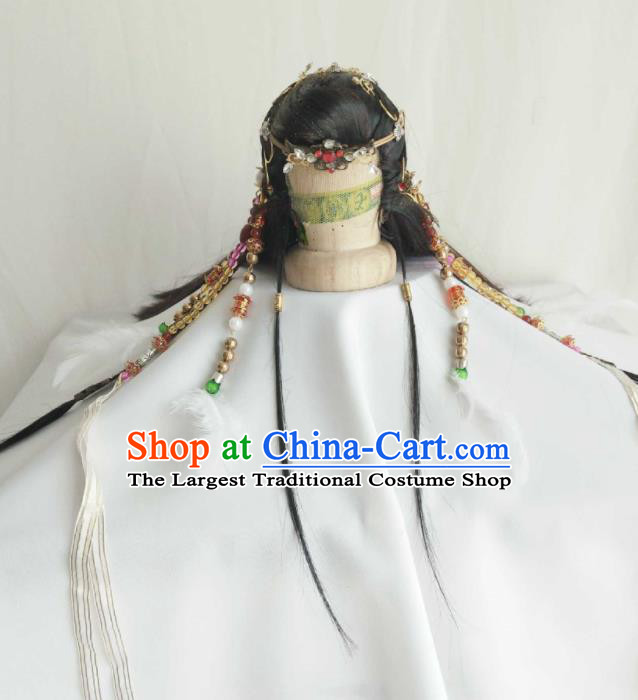 Handmade China Ancient Royal Prince Headdress Cosplay Noble King Black Wigs and Hair Crown Traditional Puppet Show Swordsman Hairpieces