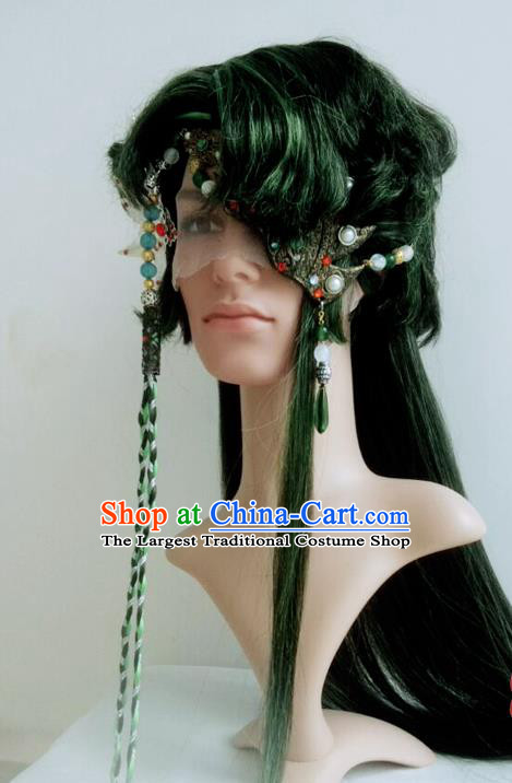 Handmade China Traditional Puppet Show Swordsman Hairpieces Ancient Demon Knight Headdress Cosplay Young Knight Green Wigs