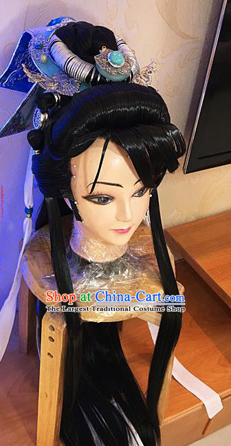 Handmade China Cosplay Swordsman Wigs and Hair Crown Traditional Puppet Show Childe Hairpieces Ancient Prince Headdress