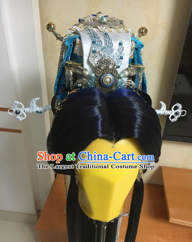 Handmade China Ancient Emperor Headdress Cosplay Royal King Wigs and Hair Crown Traditional Puppet Show Monarch Hairpieces