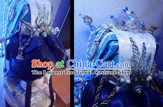 Handmade China Traditional Puppet Show Monarch Hairpieces Ancient Emperor Headdress Cosplay Royal King Wigs and Hair Crown
