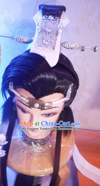 Handmade China Cosplay Royal King Wigs and Hair Crown Traditional Puppet Show Shi Yanwen Hairpieces Ancient Prince Headdress