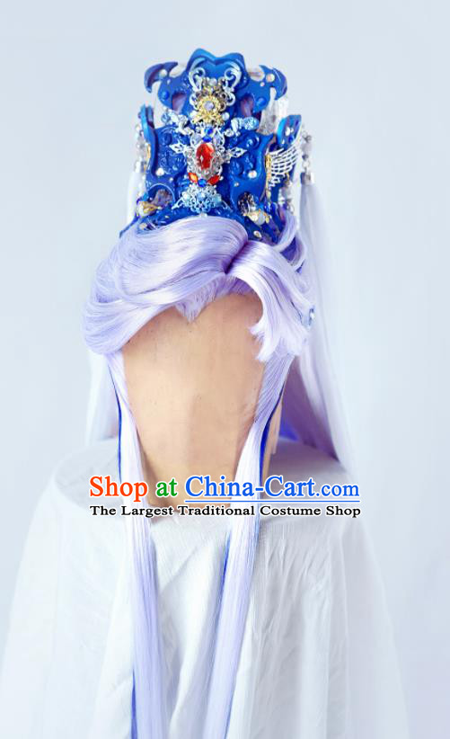 Handmade China Cosplay Swordsman Lilac Wigs and Blue Hair Crown Traditional Puppet Show Murong Ning Hairpieces Ancient Royal Prince Headdress