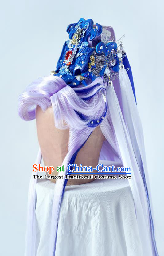Handmade China Cosplay Swordsman Lilac Wigs and Blue Hair Crown Traditional Puppet Show Murong Ning Hairpieces Ancient Royal Prince Headdress