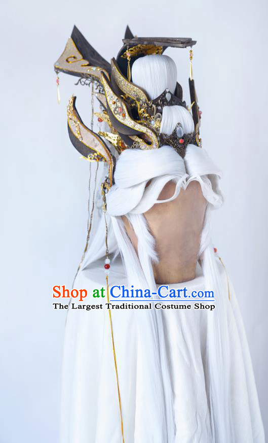 Handmade China Ancient Immortal Headdress Cosplay Swordsman White Wigs and Hair Crown Traditional Puppet Show Taoist Master Hairpieces