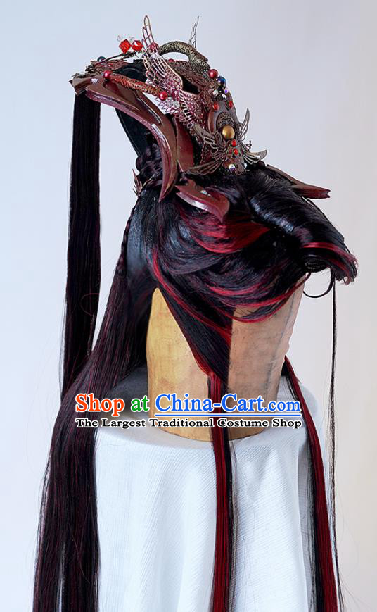 Handmade China Ancient Young Childe Headdress Cosplay Swordsman Red Wigs and Hair Crown Traditional Puppet Show King Shangguan Hongxin Hairpieces