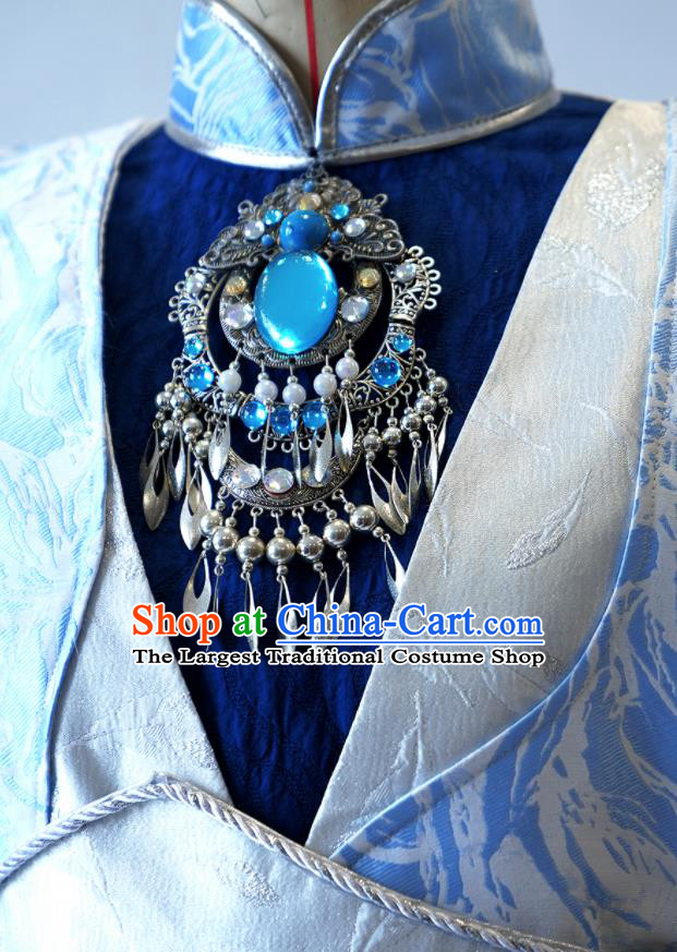 Custom China Ancient Royal Highness Garment Costumes Cosplay Swordsman Blue Outfits Puppet Show Murong Ning Clothing