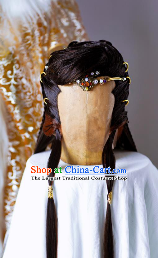 Handmade China Ancient Noble Prince Headdress Cosplay Royal King Wigs and Hair Crown Traditional Puppet Show Young Hero Hairpieces