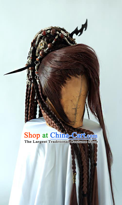 Handmade China Traditional Puppet Show Young Hero Hairpieces Ancient Swordsman Headdress Cosplay Knight Brown Braids Wigs and Hair Crown