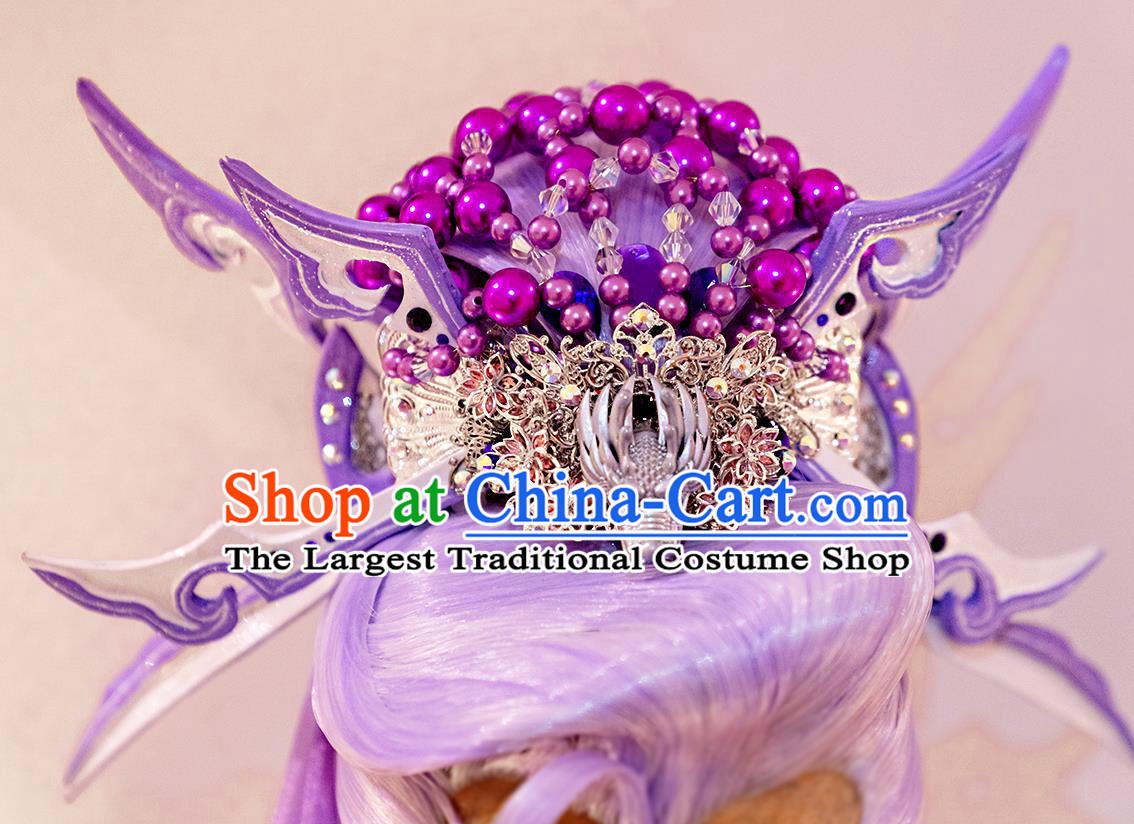 Handmade China Ancient Swordsman Headdress Cosplay King Purple Wigs and Hair Crown Traditional Puppet Show Taoist Priest Hairpieces