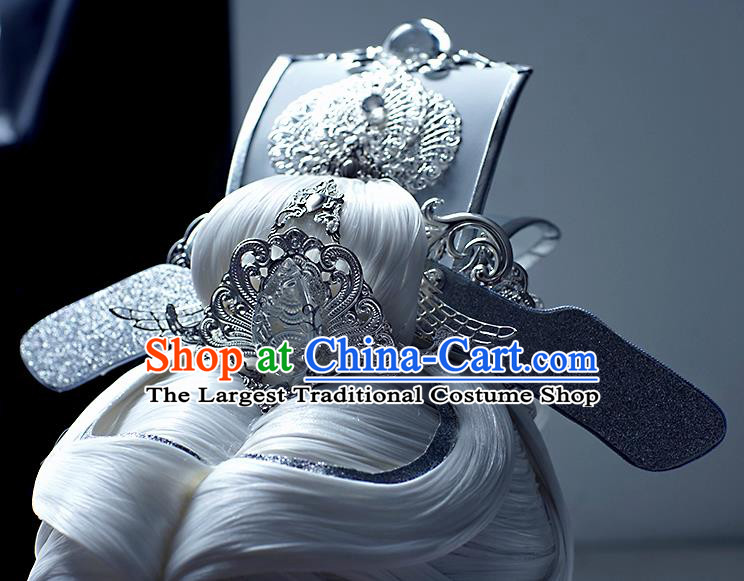 Handmade China Traditional Puppet Show Taoist Priest Hairpieces Ancient Swordsman Headdress Cosplay King Gray Wigs and Hair Crown