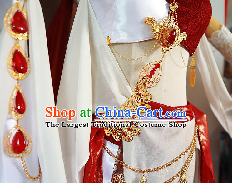 Top Chinese Traditional Game Role Heroine Red Dress Apparels Cosplay Female Warrior Garment Costumes Ancient Swordswoman Clothing