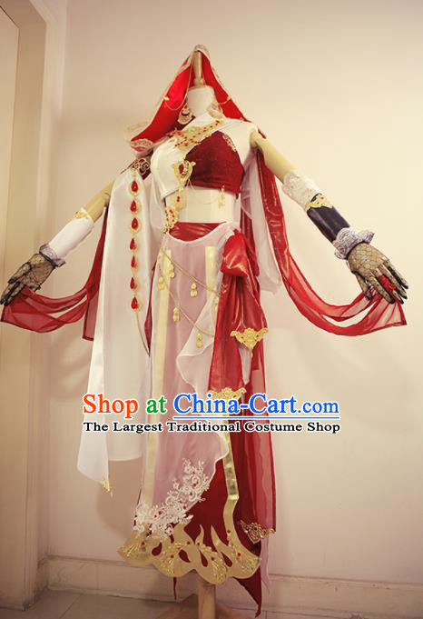 Top Chinese Traditional Game Role Heroine Red Dress Apparels Cosplay Female Warrior Garment Costumes Ancient Swordswoman Clothing