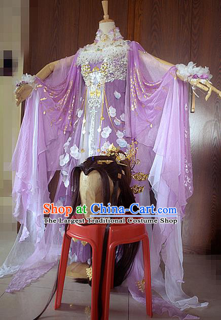 Top Chinese Traditional Game Role Young Beauty Lilac Dress Apparels Cosplay Fairy Dance Garment Costumes Ancient Princess Clothing