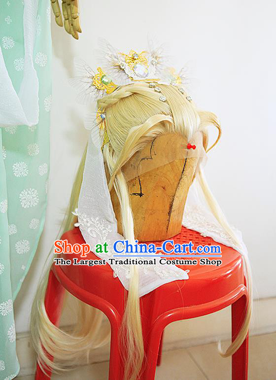 Chinese Ancient Female Swordsman Golden Wigs and Hairpins Headwear Traditional Hanfu Hairpieces Cosplay Goddess Queen Hair Accessories