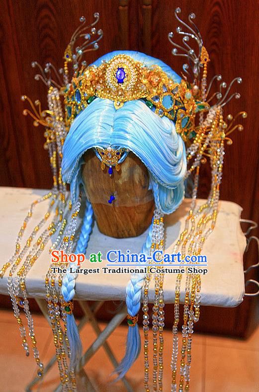 Chinese Ancient Princess Blue Wigs and Hair Crown Headwear Traditional Puppet Show Goddess Hairpieces Cosplay Noble Infanta Hair Accessories