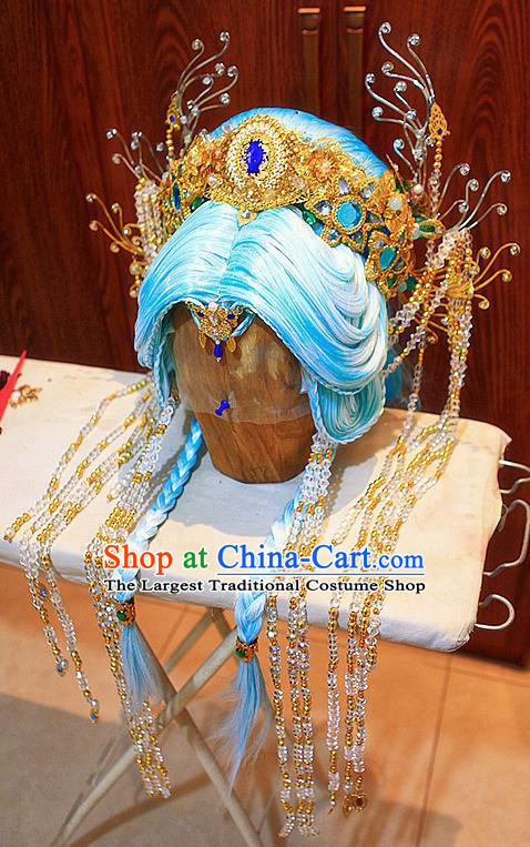 Chinese Ancient Princess Blue Wigs and Hair Crown Headwear Traditional Puppet Show Goddess Hairpieces Cosplay Noble Infanta Hair Accessories
