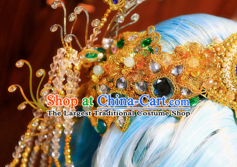 Chinese Ancient Princess Blue Wigs and Hair Crown Headwear Traditional Puppet Show Goddess Hairpieces Cosplay Noble Infanta Hair Accessories