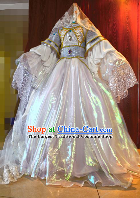 Top Chinese Cosplay Princess Garment Costumes Ancient Goddess Clothing Traditional Puppet Show Binglou Queen White Dress Apparels