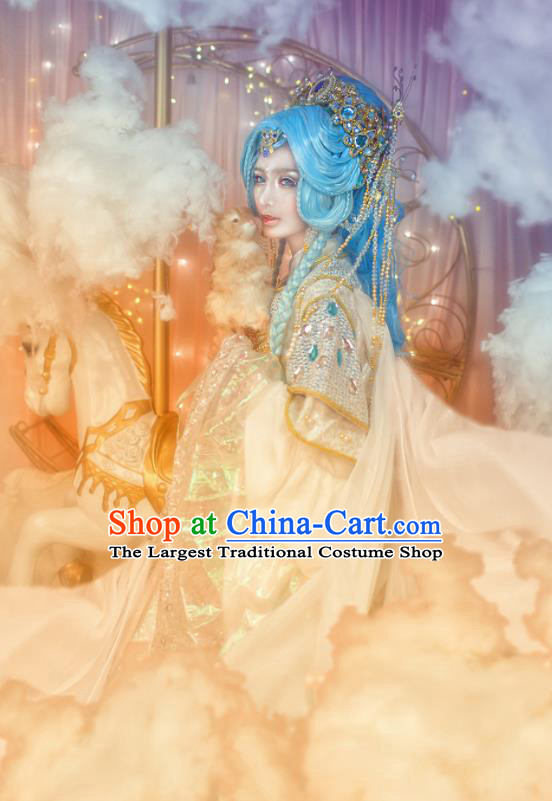 Top Chinese Cosplay Princess Garment Costumes Ancient Goddess Clothing Traditional Puppet Show Binglou Queen White Dress Apparels