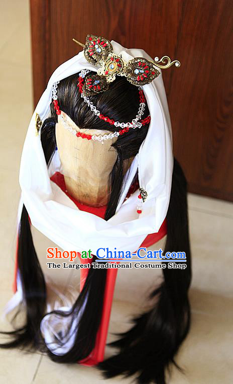 Handmade China Ancient Young Hero Headdress Cosplay Noble Prince Wigs and Hair Crown Traditional Puppet Show Swordsman Hairpieces