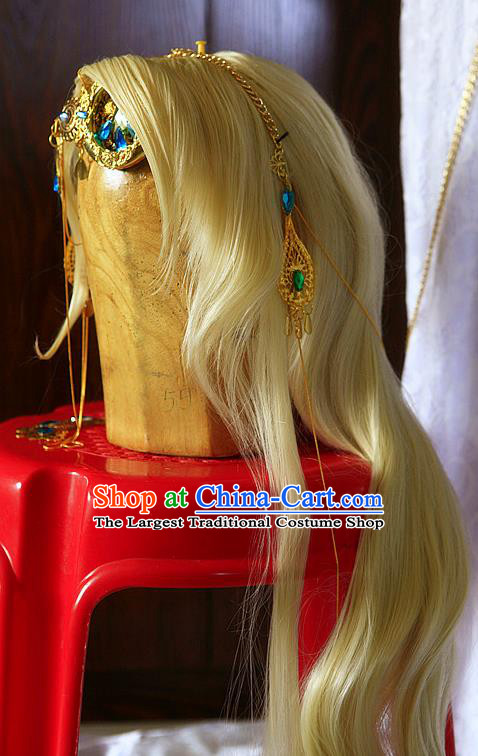 Chinese Traditional Puppet Show Swordswoman Hairpieces Cosplay Female Knight Hair Accessories Ancient Princess Golden Wigs Headwear
