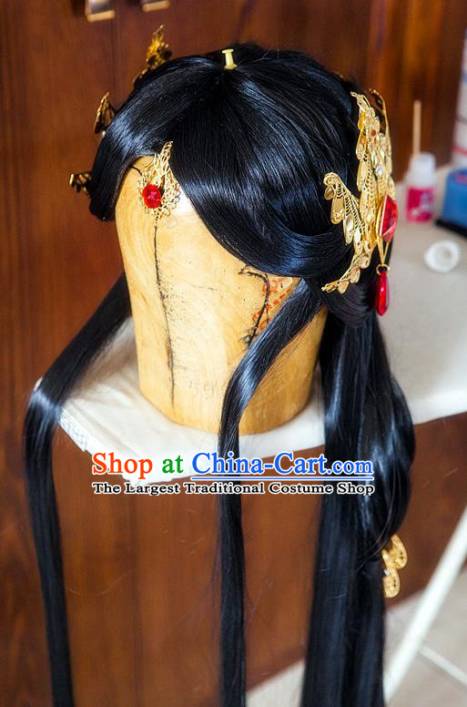 Chinese Ancient Princess Black Wigs Headwear Traditional Online Game Fairy Hairpieces Cosplay Young Woman Hair Accessories