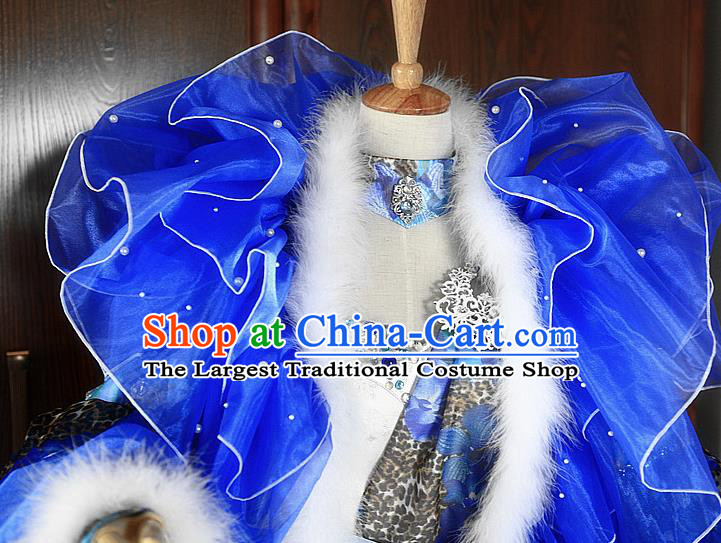 Top Chinese Cosplay Fox Queen Garment Costumes Ancient Fairy Clothing Traditional Puppet Show Empress Jun Haitang Blue Dress Apparels