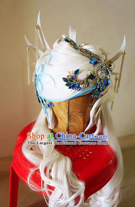 Chinese Cosplay Queen Hair Accessories Ancient Empress White Wigs Headwear Traditional Puppet Show Fox Fairy Hairpieces