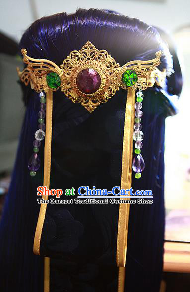 Handmade China Cosplay Swordsman Blue Wigs Traditional Puppet Show Young Knight Hairpieces Ancient Chivalrous Male Headdress
