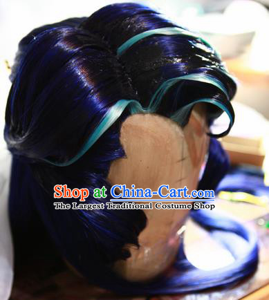 Handmade China Cosplay Swordsman Blue Wigs Traditional Puppet Show Young Knight Hairpieces Ancient Chivalrous Male Headdress