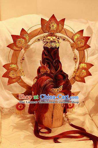 Chinese Cosplay Goddess Hair Accessories Ancient Queen Red Wigs and Hair Crown Headwear Traditional Puppet Show Female Hairpieces