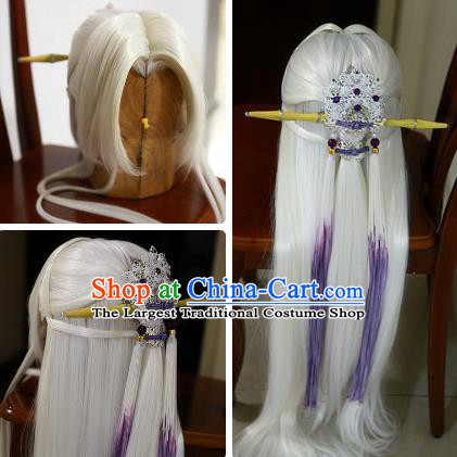 Handmade China Ancient Chivalrous Male Headdress Cosplay Taoist Priest White Wigs and Hair Crown Traditional Puppet Show Swordsman Su Huanzhen Hairpieces