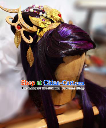 Handmade China Traditional Puppet Show Swordsman Hairpieces Ancient Royal Prince Headdress Cosplay Demon King Purple Wigs and Hair Crown