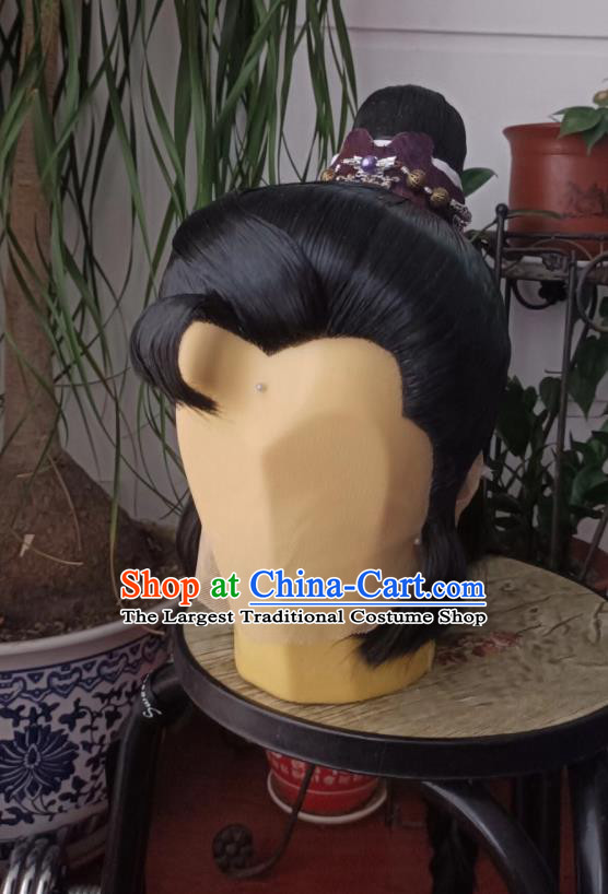 Handmade China Cosplay Chivalrous Male Black Wigs Traditional Puppet Show Swordsman Hairpieces Ancient Young Hero Headdress