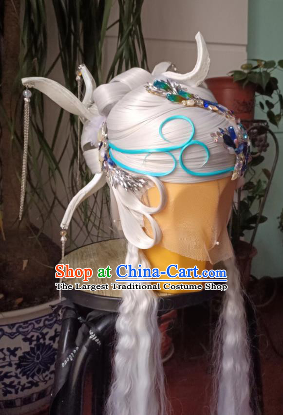 Chinese Cosplay Fairy Queen Hair Accessories Ancient Goddess White Wigs Headwear Traditional Puppet Show Jun Haitang Hairpieces